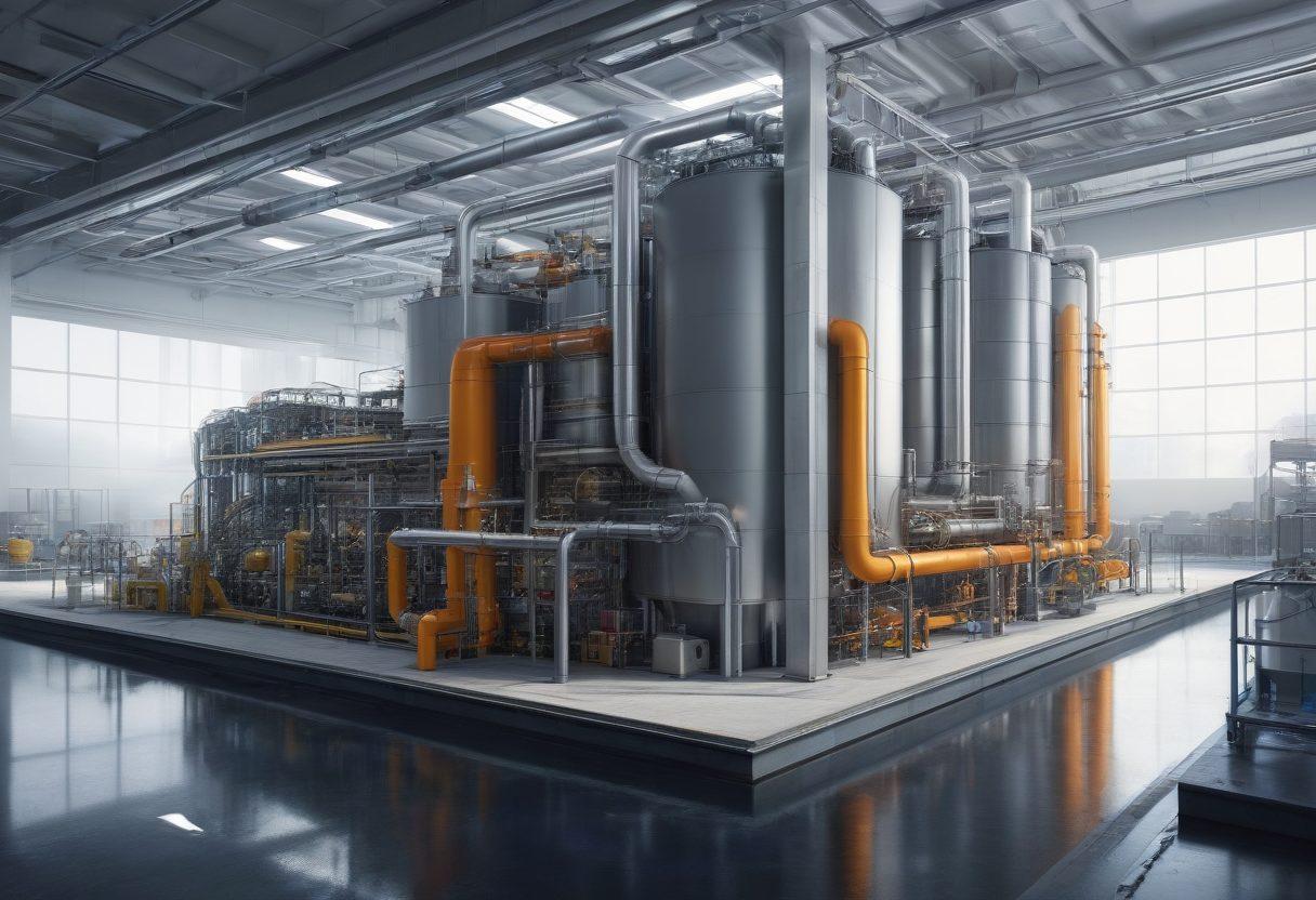 A futuristic factory scene with advanced filtration systems in action, showcasing sleek, high-tech American made filters capturing various particles. Filters can be seen in industrial, residential, and commercial settings, demonstrating their versatility. Elements of clean water, purified air, and shiny, modern machinery should be visible. super-realistic. vibrant colors. white background.